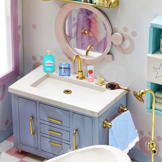 15 Pcs Dollhouse Bathroom Accessories, Mini Bath Accessories for Dollhouse Decoration, Mini Hair Dryer Brush Comb Mirror Towel Soap Toothpaste Toothbrush Makeup Set for House Bedroom Decoration
