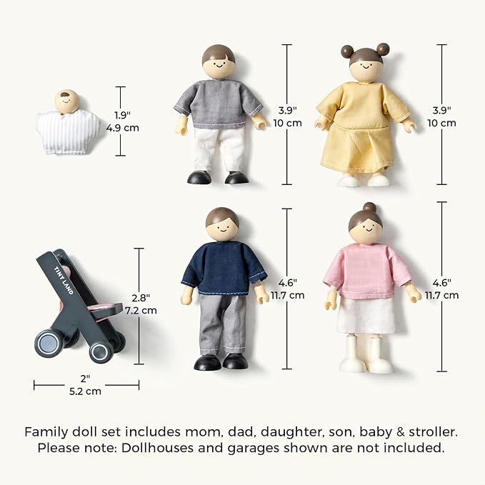 Tiny Land Wooden Dollhouse People Set, 5-Piece Poseable Wooden Doll Family with Dad, Mom, Brother, Sister, Baby and Stroller, Dollhouse Accessories Toy Pretend Play Gift for Kids Ages 3+