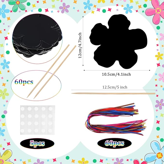 Hungdao 60 Pcs Flowers Scratch Cards Rainbow Summer Scratch Paper for Kids Rainbow Flower Crafts with Bamboo Stylus and Ribbon for Home Classroom School DIY (Flower)