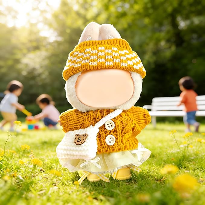 17cm Doll Clothes for Lububu,Outfits Set with Hand-Crocheted Yellow Sweater, Hat, Skirt, Shoes and Bag, Designer Clothing and Accessories for Macarons Series Dolls Dress-Up(Yellow Sweater Skirt)