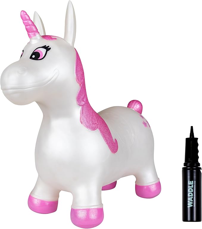 Waddle Bouncy Animal Hopper - Inflatable Hopping Animals, Indoors and Outdoors Fun, Pump Included, Riding Toys for Boys and Girls Ages 2 Years and Up, White Pink Unicorn