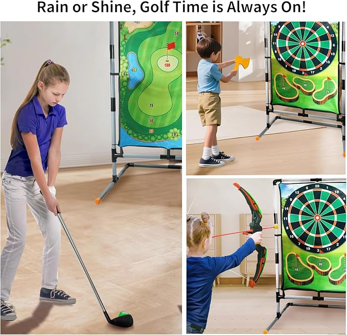 Golf Chipping Game with Stand, Multi-Sport Golf Practice Set with Archery,Hatchet,Darts,Double-Sided Hitting Mat for Backyard Fun, Indoor/Outdoor Sports Toy for Kids & Adults