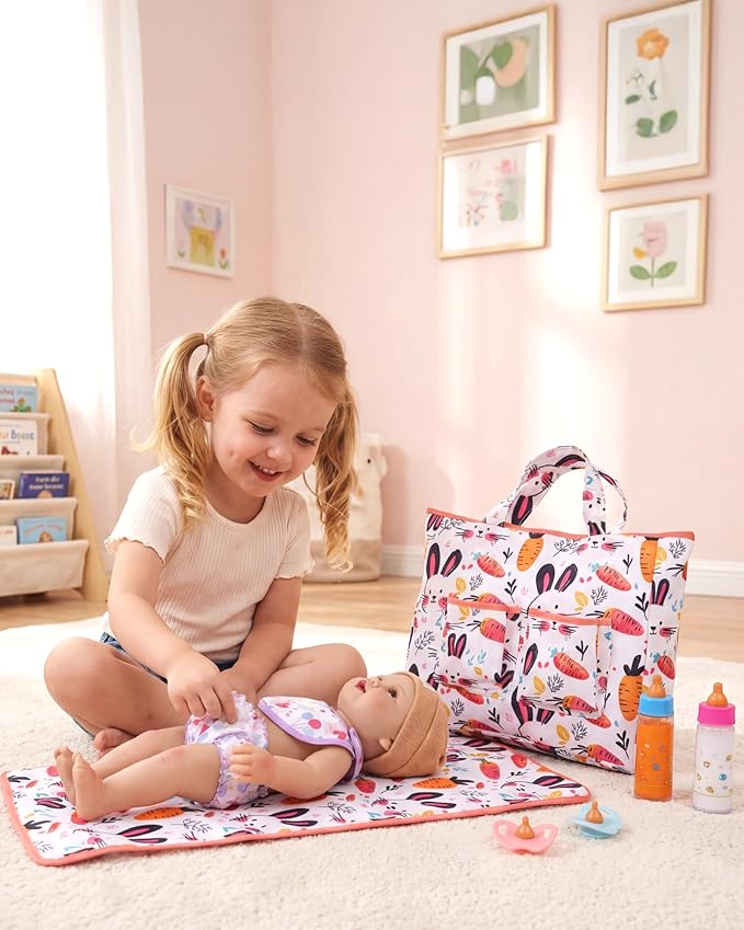 BABESIDE Baby Doll Diaper Bag Set, Portable Storage with Cute Print, Perfect for Pretend Play & Role Play for Girls, Fits 15–20 Inch Dolls with Changing Mat（Doll Not Included）