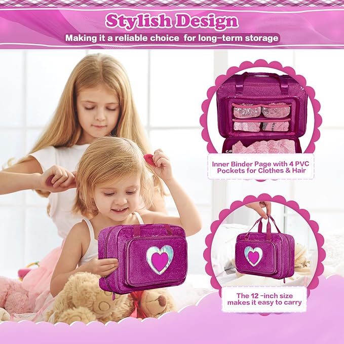 Carrying Case Compatible with Barbie Dolls 12-Inch, Storage Organizer with Handle Holds up to 6 Dolls,Multiple Pockets for Accessories,Storage Box, lavender,Bag Only (magenta)