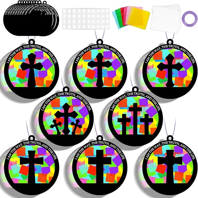 QOUBAI 32 Sets Easter Cross Suncatchers Craft Kit DIY Religious Window Stained Glass Effect Christian VBS Paper Hanging Ornament Kid Sunday School Birthday Gift Creative Art Project Activity Game