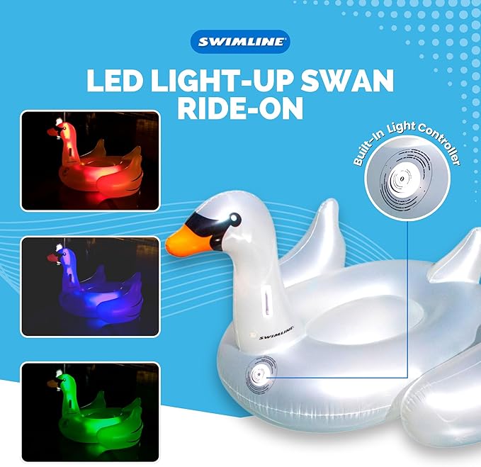 SWIMLINE ORIGINAL 90702 LED Inflatable Swan Pool Float Lounge| Light-Up Ride-On Floatie Raft with Stable Legs | 3 Color Options for Parties & Relaxation