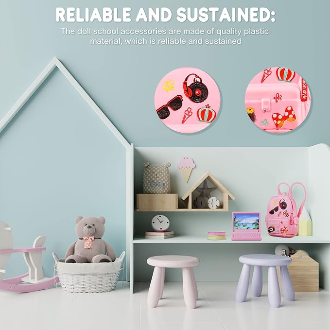 Zhanmai 21 Pieces Doll School Stuff Mini School Supplies Doll School Accessories School Playset for Dolls Mini Pink Doll Backpack Desk Lamp Laptop and Headset for 11.5 Inch Doll