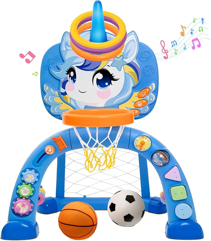 Basketball Hoop & Soccer Goal for Toddlers – 3-in-1 Sports Play Set with Ring Toss | Indoor Outdoor Activity Toy for 1 2 3 Year Old Boys | Birthday for Active Play (Blue)