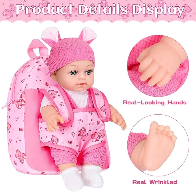 12" Baby Doll With Bear Pattern Backpack Carrier In Gift Box,12 Inch Realistic Baby Dolls With Clothes And Accessories Hanky Pacifier Bottle Pretend Baby Care Toy Collection For Child Toddler 3+ Gifts