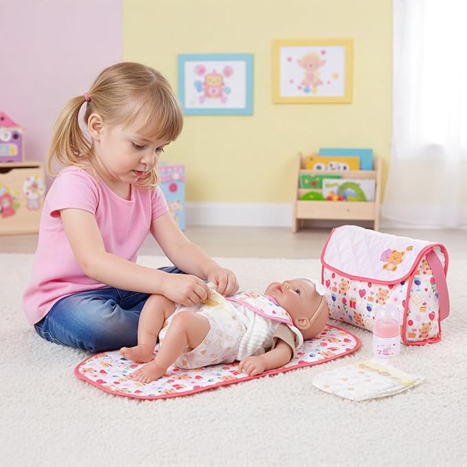 BABESIDE 6 Pcs Reborn Baby Doll Accessories Set for 17-22 Inch Dolls, Feeding & Diaper Bag Play Set with Bib, Bottle, Diapers & Changing Pad, Toy Gift for Girls (Doll Not Included)