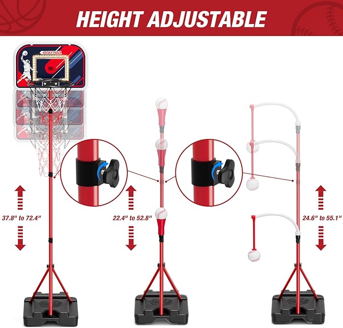 4 in 1 Kids Basketball Hoop and Tball Set for Toddlers 3-5, Adjustable Hanging Tee Ball Stand with Automatic Baseball Pitching Machine, Indoor Outdoor Sport Toys Birthday for Boys