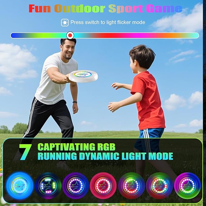 Light Up Flying Disc Toy Kids, Adults, Teens – 7 Glow in the Dark Modes, 22 Bright LEDs, Rechargeable, Outdoor Flying Sport Disc for Night Games, Family Fun, Beach, Park, Camping