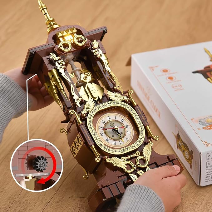 Retro Clock Building Set for Adults, Vintage Pendulum Model with Rotating Gears, Mechanical Building Blocks Toy, Gift for Boys and Girls 8+(879PCS)