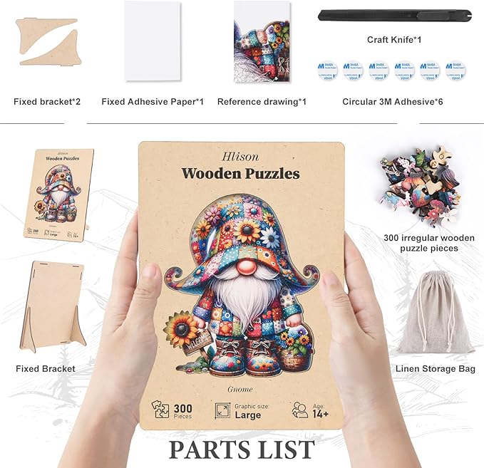 Wooden Jigsaw Puzzles, 300 Pieces Gnome Wooden Puzzles for Adults with Unique Shape, Large Wooden Puzzles with Exquisite Wooden Box Packaging