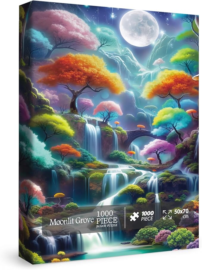 Magic Forest Landscape Puzzles for Adults 1000 Pieces, Nature Waterfall Moon Jigsaw Puzzle, Colorful Tree Scenic Puzzle as Home Decor