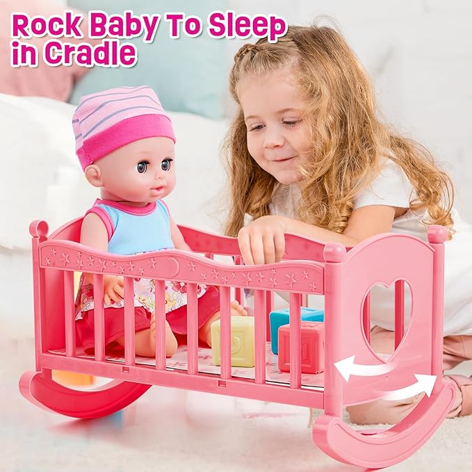 Golray 12in Girl Baby Doll Crib and High Chair Set - Sound&Pee Interactive Baby Doll with 20pcs Accessories Diaper Bag/Cradle/2 Clothes, Feeding Nursery Pretend Play Toddler Girl Toy Gift 3 4 5 6 Year