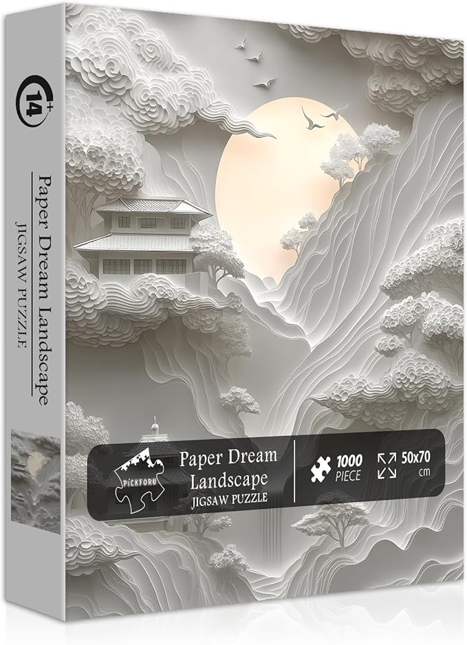 Impossible Landscape Puzzles for Adults 1000 Pieces，White Paper Art Mountain Puzzles Clouds Moon Scenery,Unique Scenic Nature Jigsaw Puzzles Building, Hard Difficult Challenge for Adult