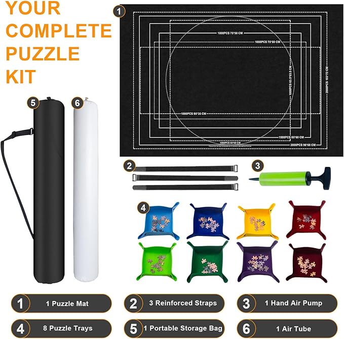Napzy Jigsaw Puzzle Mat with 8 Sorter Trays, Roll Up Storage for 2000 1500 1000 Pieces Puzzle, Portable Puzzle Saver & Organizer, Inflatable Tube, Air Pump, Straps & Carry Bag for Travel