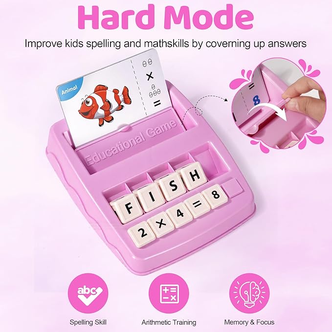 Educational & Learning Toys for Kids, 3-8 Years Old Matching Games with Letter & Math Flash Cards, Christmas Birthday Gifts for Preschool Boys Girls Grandkids- Pink