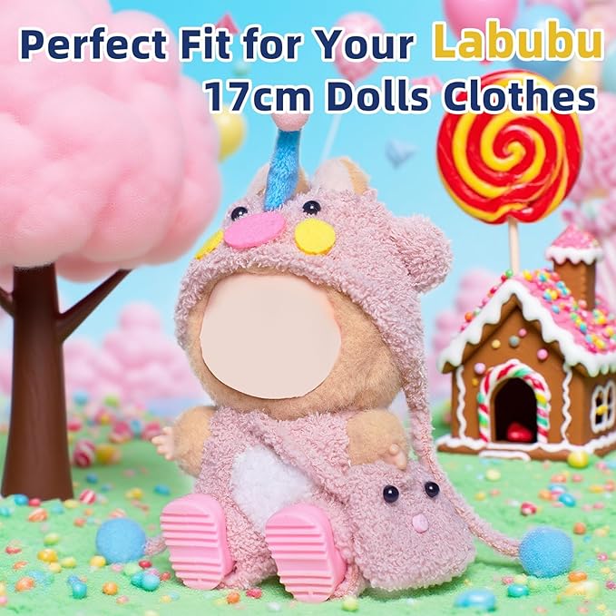 Clothes for Labubu 17cm Doll (NO Doll), 6 Piece Labubu Clothes Set, Cute Labubu Outfits with Accessories, Handmade Crochet La Bubu Doll Dress Up Set（Pink Elephant）