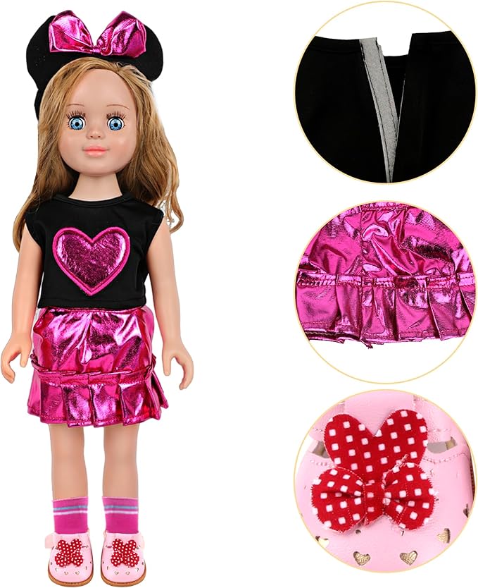 MSYO 18 Inch Doll Clothes & Accessories Set,Black Pink Heart Top & Metallic Pink Skirt Outfit with Mouse Ears Headband,Sunglasses,Socks,Shoes,Necklace,Fits 16-18 Inch Baby Dolls(Rose)