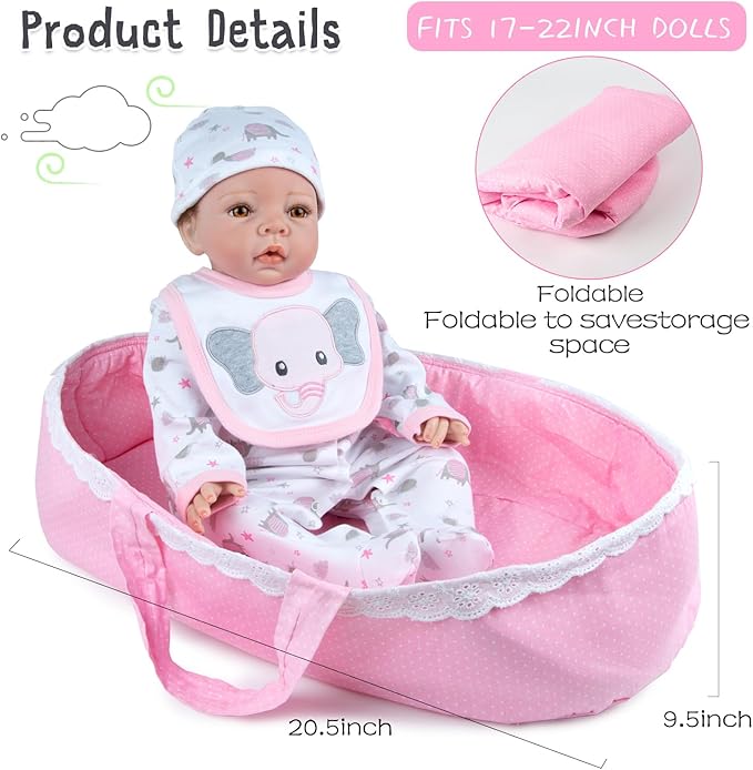 Reborn Baby Doll Clothes with Bassinet and Reusable Diaper Accessories 10-Piece Set fit 17-22 Inch Baby Dolls Girl, Pink Newborn Dolls Girl Outfits Cute Elephant Patterns Design