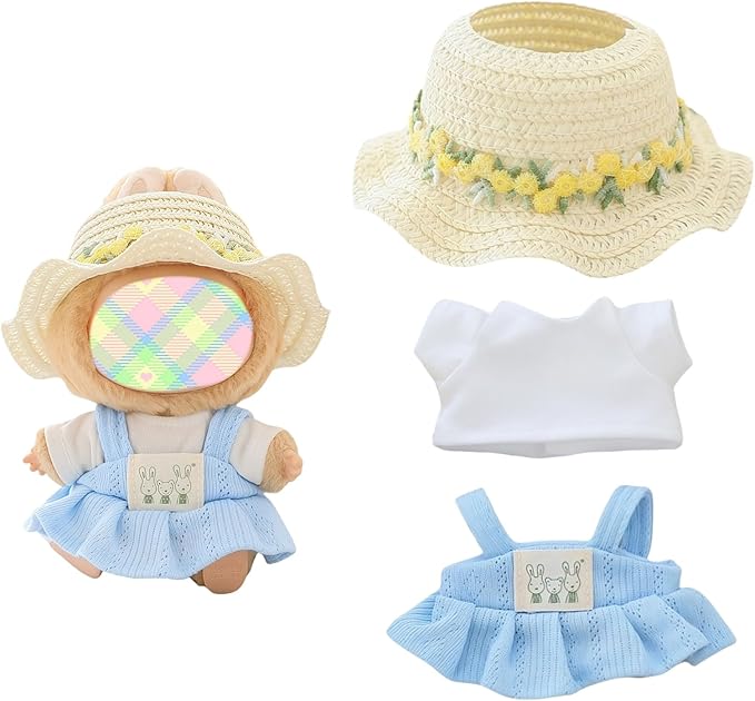 Clothes for Lu bubu 17cm Dolls Accessories (No Doll), Kawaii Hat Skirt Outfit Set 3 Pieces for 17cm Dolls Suit, Stylish Flower Doll Hat Clothing Set Replacement Blue