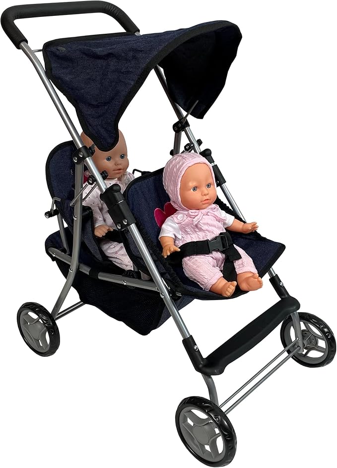The New York Doll Collection First Twin Stroller - Cutest Heart Design Baby Strollers Great Toy Gift for Toddlers and Girls (Denim) Blue,pink