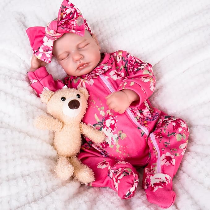 Aori Lifelike Reborn Baby Dolls Clothes 20 inch Pink Floral Jumpsuits Set for 17-20 Inch Newborn Girl Doll