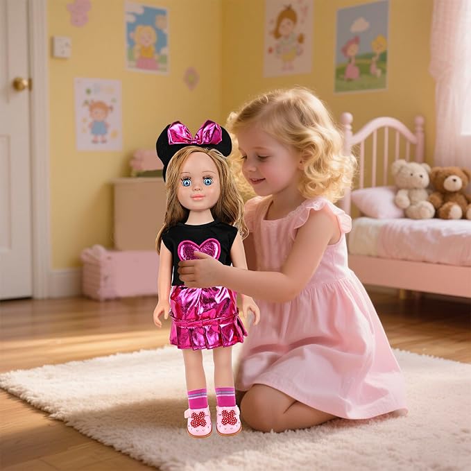 MSYO 18 Inch Doll Clothes & Accessories Set,Black Pink Heart Top & Metallic Pink Skirt Outfit with Mouse Ears Headband,Sunglasses,Socks,Shoes,Necklace,Fits 16-18 Inch Baby Dolls(Rose)