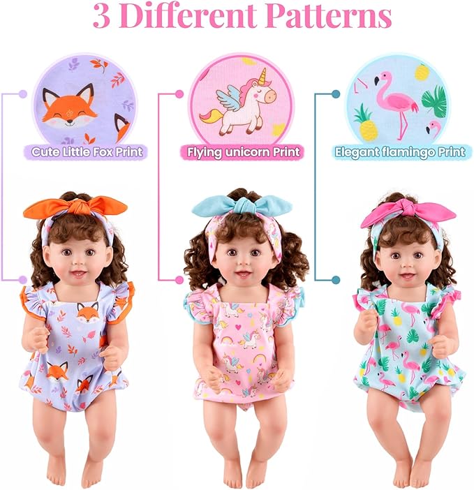BABESIDE 3 Pcs Reborn Baby Doll Clothes Set for 17-22 Inch Dolls, Cute Animal-Themed Outfits with Matching Headbands & Accessories, Realistic 18 Inch Baby Doll Clothes,Pretend Play Toy for Kids