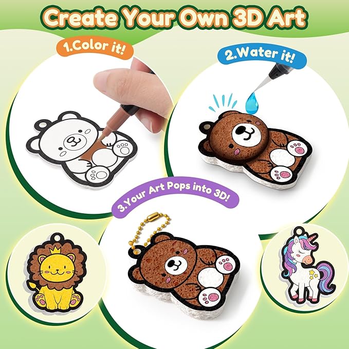 ZOOI Gifts for Kids Magic Puffs Animals, Crafts for Kids Ages 4-8, 3D Art Kit DIY Color Inflate Activity, 19 Mess-Free Paint by Number Craft for Kids, Travel Creative Gift for Girls Boys Ages 3-12
