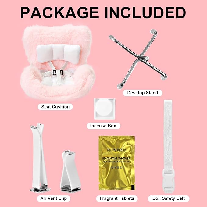 Car Seat for Dolls (10-17cm), Cute Doll Accessory with Soft Furry Cushion, Air Vent Clip & Desktop Stand, Display Sofa for Blind Box Fans & Collectors, Functional Car Ornament (Pink)