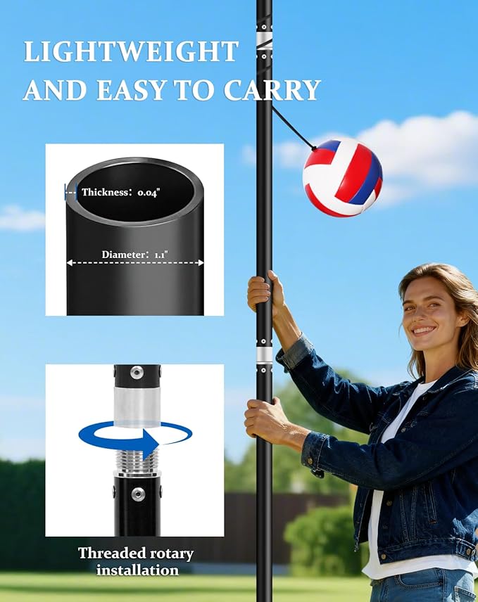 Outdoor Tetherball Game Set for Whole Family - Rust-Resistant Aluminum Poles, 11Ft Adjustable Height, Diameter 1.2Inch Stable Design with Complete Accessories & DIY Concrete Base