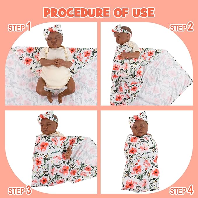 Aori Reborn Baby Dolls Clothes Newborn Receiveing Blanket with Floral Hat and Headband Set Nursery Swaddle Wrap for 17-20 inch Reborn Dolls