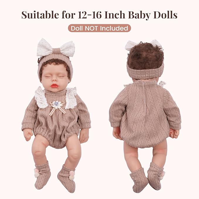 BABESIDE 3 Pcs Baby Doll Clothes Accessories Set for 12-16 Inch Babys Doll, Knitted Romper, Bow Headband and Socks, Baby Dolls Clothes and Accessories