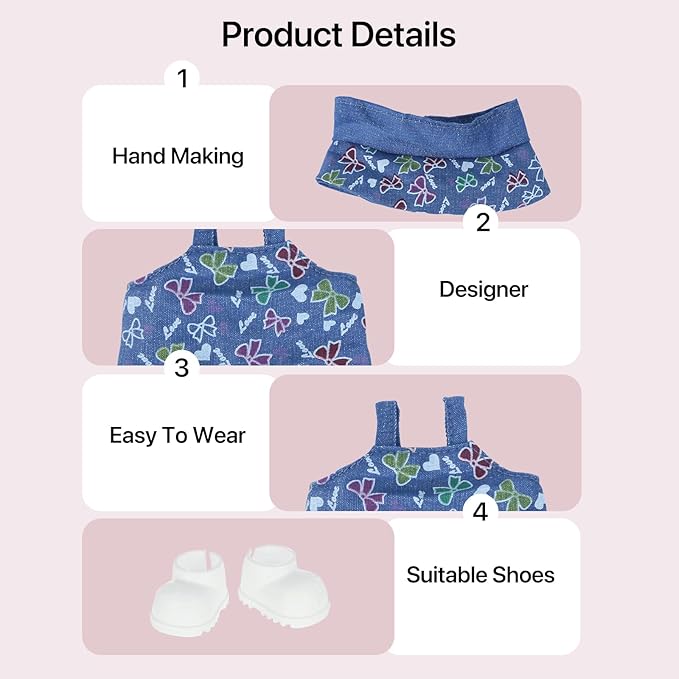 17cm Doll Clothes Sets(No Doll) Bowknot Jeans Outfits Handcrafted Designer Clothes Including Hat Overall and Shoes