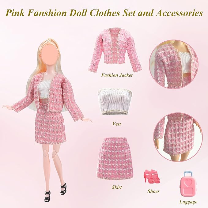 Doll Clothes and Accessories for Dolls ,Including 6 Fashion Clothes Set, 1 Pair of Earrings, 1 Necklaces, 1 Suitcases, 1 Glasses, 6 Pairs of Shoes for 11.5 inch Dolls on Christmas