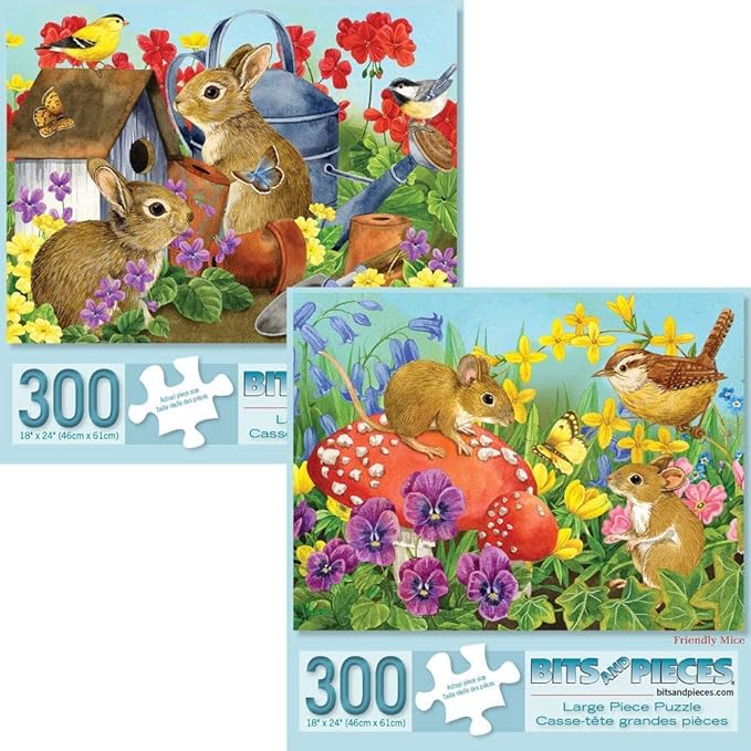 Bits and Pieces – Value Set of Two Large 300 Piece Jigsaw Puzzles for Adults – ‘Bunnies’ & ‘Mice’ Jigsaw Puzzles by Artist Jane Maday, Completed Puzzle Size: 18" x 24"