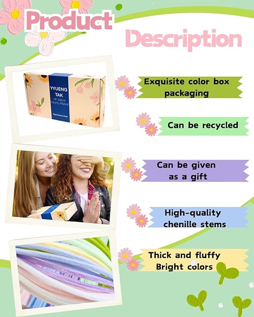 YYUENGTAK 350 Pcs Pipe Cleaners Flower kit（Macarons） with tutoria,Fluffy Yarn,Green Floral Wires,Gardening Tape,100 Stamens，Pipe Cleaners Craft,Chenille Stems for DIY Art Projects Creative Gift Decor