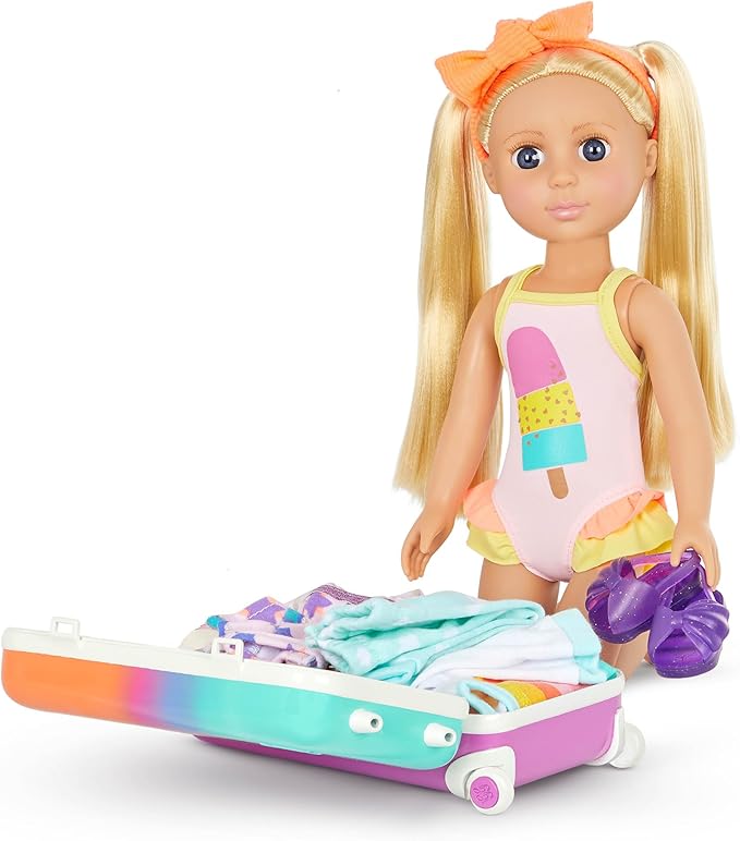Glitter Girls – 14-Inch Doll Clothes & Accessories– Suitcase & Fashion Set – Luggage with 3 Mix & Match Outfits & Heart Glasses – Rainbow Pajama, Swimsuit, Star – Print Dress – 3+ Years