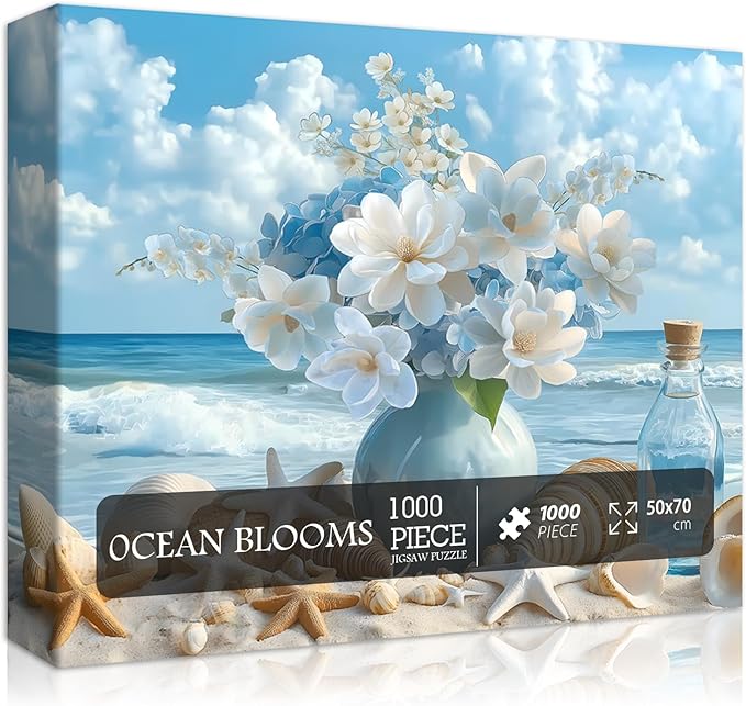 PICKFORU Beach Puzzles for Adults 1000 Pieces, Summer Ocean Flower Jigsaw Puzzle, Shell Starfish Marine Themed Challenging for Adults