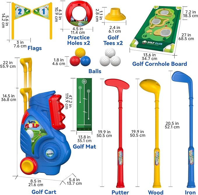 Liberry Toddler Golf Set for 2 3 4 5 Years Old Boys Girls, Upgraded Kids Golf Cart with Golf Cornhole Board & Putting Mat, Indoor and Outdoor Golf Toys Birthday Gifts