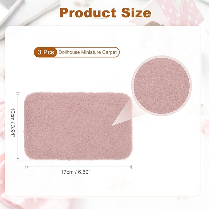 uxcell 3Pcs Dollhouse Miniature Carpet, 1:12 Fluffy Doll House Rugs Prop Small House Accessories for Doll House Furniture Decor Play, Pink Oval