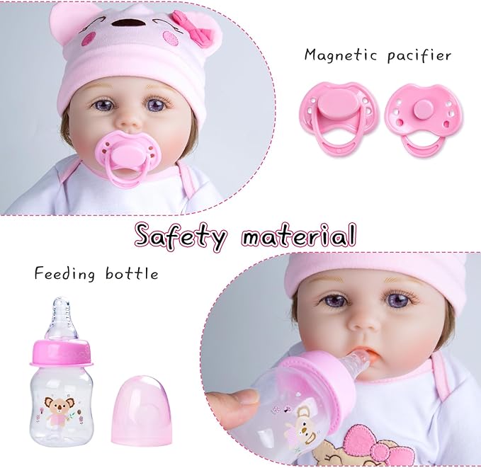 PEDOLLTREE Reborn Baby Dolls Clothes Girl Outfit Accessories Pink Little Bear 12 Pcs for 17-22 Inch Reborn Doll Newborn with Pink Heart Bassinet
