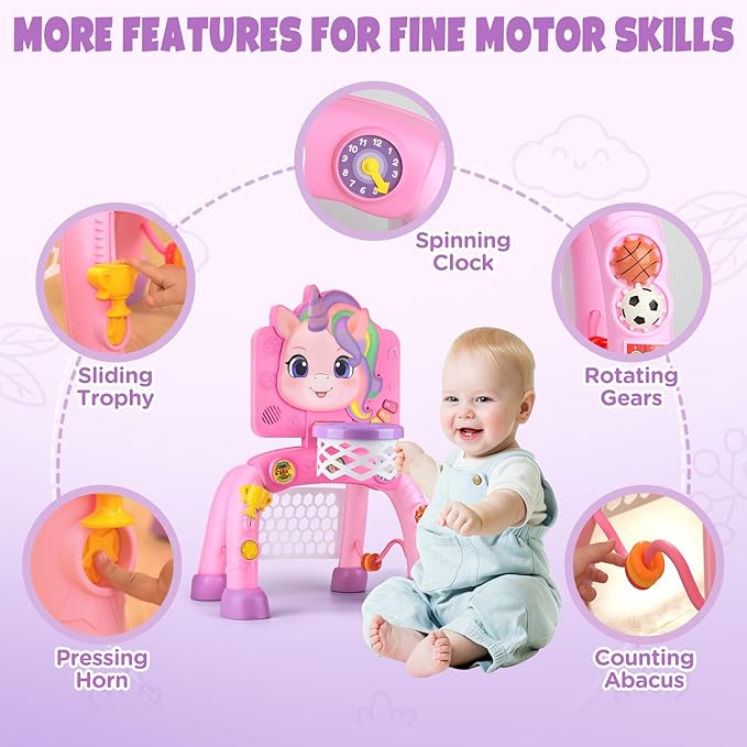 Liberry Toddler Basketball Hoop & Soccer Goal for 1 2 3 Year Old Girls Boys, Kids Sports Toy with Lights Sounds Music, Interactive Christmas Birthday Gift for Baby, Pink