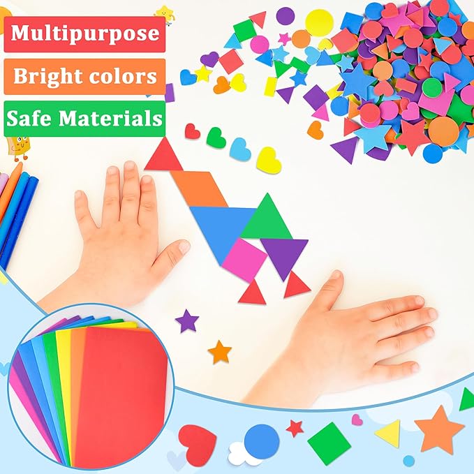 1600 Pcs Foam Stickers 16 Sheets Foam Shapes Sticker Self Adhesive,Star Sticker for Crafts Supplies Geometric Stickers for Crafts DIY Arts Project Star Heart Circle Triangle (16,Multicolor)
