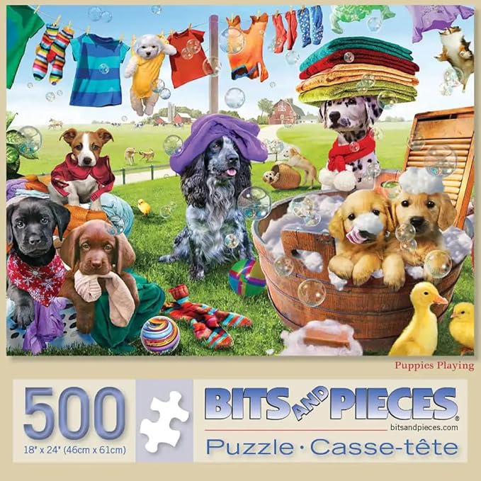 Bits and Pieces – Large Piece Jigsaw Puzzle for Adults – ‘Puppies Playing’ by Artist Adrian Chesterman (500 Piece Puzzle)