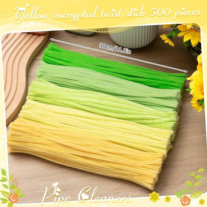 Peryiter 500 Pieces Pipe Cleaners Chenille Stems for Flowers Craft Supplies Bulk Fluffy Fuzzy Sticks for DIY Art Projects Creative Gift Wrapping Party Decorations(Yellow & Green Flower,12 Inch)