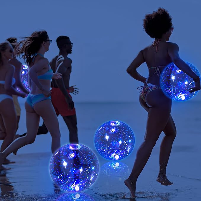 12 Pack 12 Inch Glow in The Dark LED Beach Ball Jumbo Confetti Glitters Inflatable Ball Swimming Pool Game for Party Pool Summer